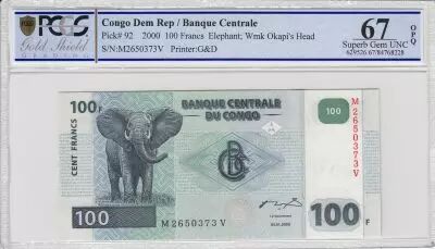 Congo (R�publique D�mocratique du) 100 Francs El�phant - Barrage 2000 - PCGS 67 OPQ