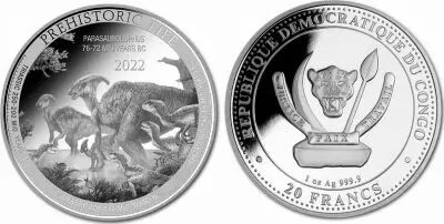 Congo 20 Francs Parasaurolophus - Oz Silver 2022 - Prehistoric Life