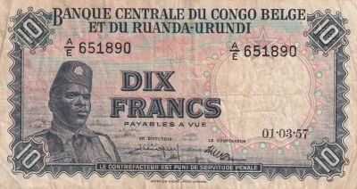 Congo Belga 10 Francs - Soldier - Antelope - 03-01-1957 - Series A/E
