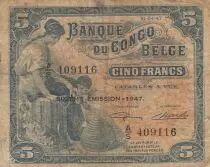 Congo Belga 5 Francs - Woman and Child - animals - 1947 - Serial A.S - P.13Ad