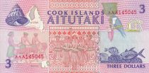 Cook Islands 3 Dollars - Worshippers at church - Dancers, fishs - 1992 - P.UNC - P.7