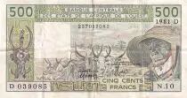 Costa de Marfil 500 Francs - Old man and ox - Letter D (Mali) 1981 - Serial N.10 - P.405Db