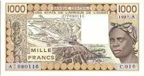 C�te d\'Ivoire 1000 Francs, woman 1987 - Ivory Coast - Serial C.016 - P.107Ag - XF to AU