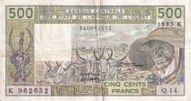 Côte d\'Ivoire 500 Francs - Vieil homme et zébus - Lettre K (Sénégal) 1985 - Série Q.14 - P.706Kh