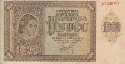 Croacia 1000 Kuna - Young girl - Mountains - 26-05-1941 - Serial B