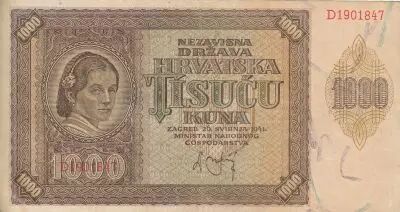 Croacia 1000 Kuna - Young girl - Mountains - 26-05-1941 - Serial D