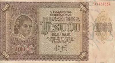Croacia 1000 Kuna - Young girl - Mountains - 26-05-1941 - Serial U