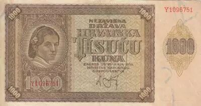 Croacia 1000 Kuna - Young girl - Mountains - 26-05-1941 - Serial Y