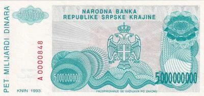 Croacia 5 000 000 000 Dinara - Armoiries - Forteresse de Knin  - 1993 - S�rie A