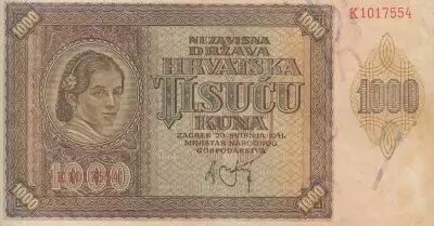 Croatie 1000 Kuna - jeune fille - montagnes - 20-05-1941 - S�rie K