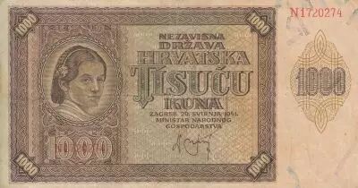 Croatie 1000 Kuna - Jeune fille - Montagnes - 26-05-1941 - S�rie N