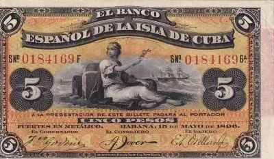 Cuba 5 Pesos - Femme, bateaux -Surcharg� Plata - 1896 - P.48b