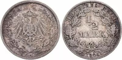 Deutschland 1/2 Mark 1906A - Crowned Eagle, silver