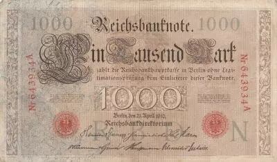Deutschland 1000 Mark Allegorical figures - Red seal - 1910 - 6 digit serial Nr - P.44a