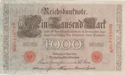 Deutschland 1000 Mark Allegorical figures - Red seal - 1910 - 7 digit serial M - P.44 - XF to XF+