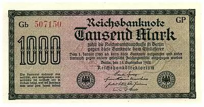 Deutschland 1000 Mark Dk green on green and lilac - 1922 - VF - P.76
