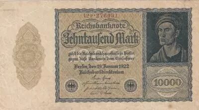 Deutschland 10000 Mark Portrait of man by Durer - 1922 - aUNC - P.72 - Serial 13M