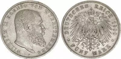 Deutschland 5 mark, Wilhelm II , Roi de Wurttenberg - 1900 F