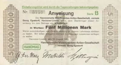 Deutschland 5 millionen Mark - State of Hannover-Linden - 1923 - Number 5757