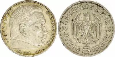 Deutschland 5 Reichsmark - Hindenburg - 1935 F Stuttgart - Argent