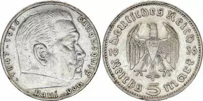 Deutschland 5 Reichsmark Hindenburg 1936 A Berlin - Silver - VF - KM.86