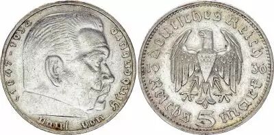 Deutschland 5 Reichsmark Hindenburg 1936 J Hamburg - Silver - VF - KM.86
