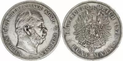Deutschland Germany, Prussia, Wilhelm I - 5 Mark 1875 B Hanover