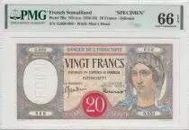 Djibouti 20 Francs Peacock, red circle - Specimen - ND (1938) - PMG 66 EPQ - P.7Bs