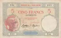 Djibouti 5 Francs Walhain - 1938 - P.6b - F to VF - Serial F.54