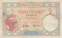 Djibouti 5 Francs Walhain - 1938 - P.6b - F to VF - Serial S.53