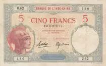 Djibouti 5 Francs Walhain - 1938 - P.6b - F to VF - Serial U.62
