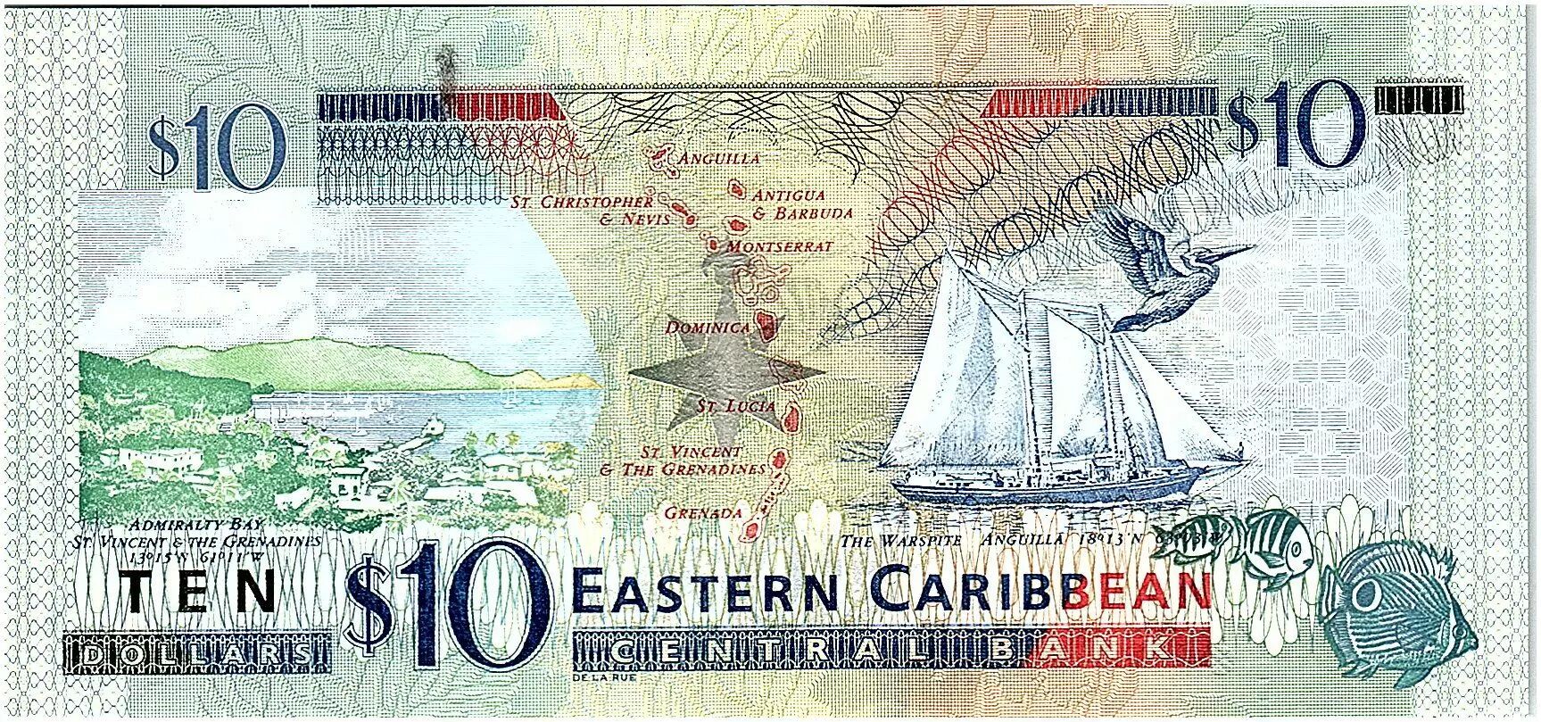 Banknote East Caribbean States 10 Dollars Elizabeth II Admiratly Bay