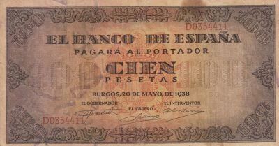 Espagne 100 Pesetas - Armoiries de l\'Espagne - 1938 - S�rie D