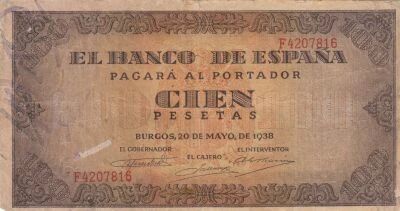Espagne 100 Pesetas - Armoiries de l\'Espagne - 1938 - S�rie F