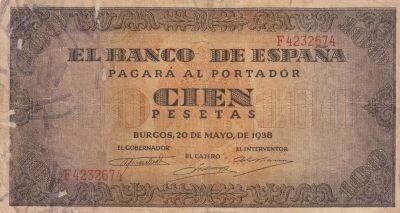 Espagne 100 Pesetas - Armoiries de l\'Espagne - 1938 - S�rie F