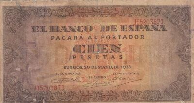 Espagne 100 Pesetas - Armoiries de l\'Espagne - 1938 - S�rie H