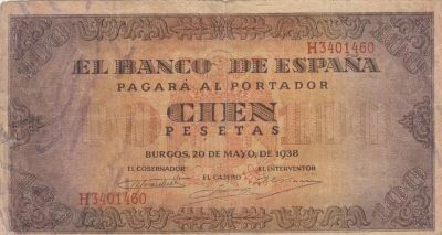 Espagne 100 Pesetas - Armoiries de l\'Espagne - 1938 - S�rie H