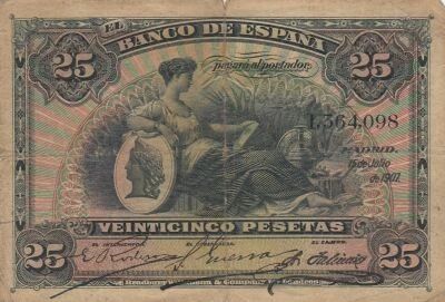 Espagne 25 Pesetas - Femme assise - 1907 - S�rie 1
