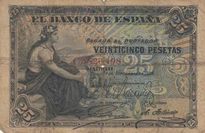 Espagne 25 Pesetas - Femme assise - Armoiries - 1906 - S�rie C