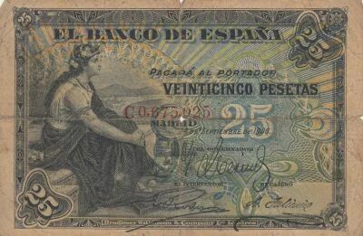 Espagne 25 Pesetas - Femme assise - Armoiries - 1906 - S�rie C