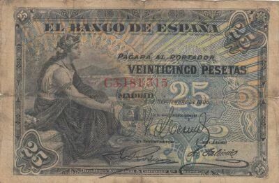 Espagne 25 Pesetas - Femme assise - Armoiries - 1906 - S�rie C