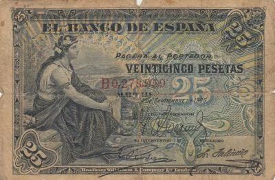 Espagne 25 Pesetas - Femme assise - Armoiries - 1906 - S�rie C
