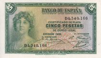 Espagne 5 Pesetas - Portrait de femme - 1935 - P.85