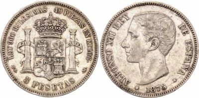 Espagne 5 Pesetas Alfonso XII - Armoiries -1875 DE-M