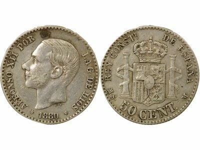 Espagne Alphonse XII - 50 Centimos Argent - 1880 Madrid