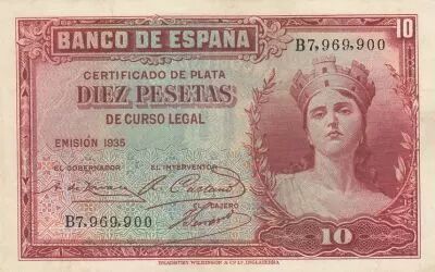 Espa�a 10 Pesetas - Woman - Various serial - 1935