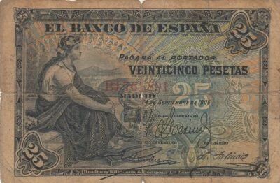 Espa�a 25 Pesetas - Seated Woman - Coat of Arms - 1906 - Series C