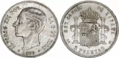 Espa�a 5 Pesetas,  Alfonso XII  - Arms - 1879 (79) EM-M