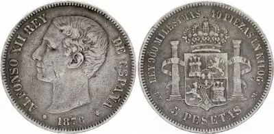 Espa�a 5 Pesetas - Alfonso XII - Arms - 1876 - Silver - KM.671