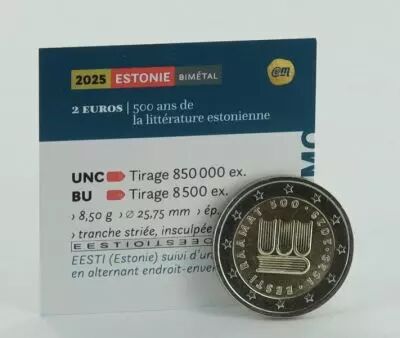Estonie 2 Euros Comm�mo. 2025 - 500 ans de litt�rature estonienne